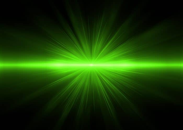 bright green horizontal laser beam with slightly brighter center.