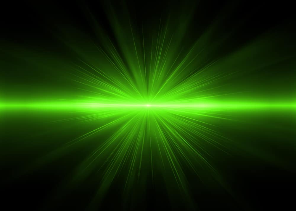 bright green horizontal laser beam with slightly brighter center.